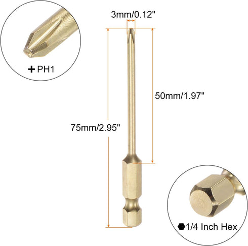 PH1 Phillips Head Screwdriver Drill Bit 3" Length 0.12" Dia 1/4 Inch Hex Shank S2 Steel Magnetic Cross Head for Power Tool...