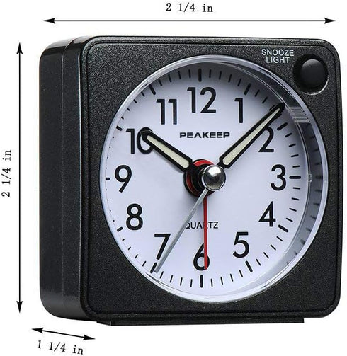 Peakeep Ultra Small, Battery Travel Alarm Clock with Snooze and Light, Silent with No Ticking Analog Quartz (Black)...