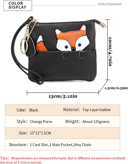 Genuine Leather Coin Purse Pouch Change Wallet for Women,Fox Pattern Leather Coin Purse Keychain Change Pouch Wallet With Wrist Strap (Black)...
