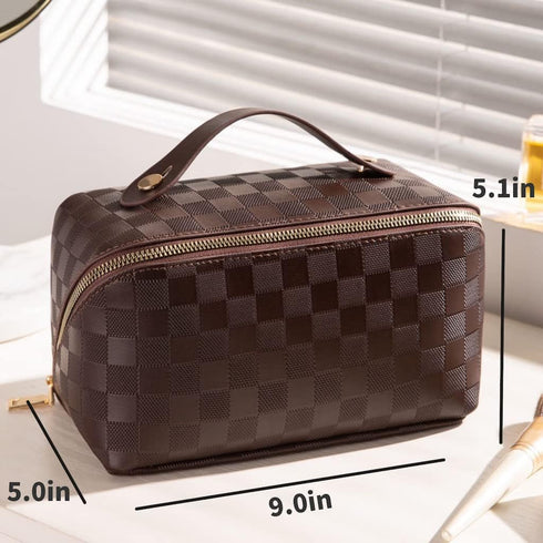 Large Capacity Checkered Makeup Bags Portable Travel Cosmetic Bags Open-Flat Toiletry Waterproof Bag for Women Gift Make up Organizer with Divider...