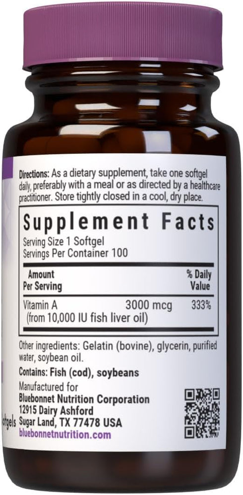 Bluebonnet Nutrition Vitamin A 10,000 IU from Deep Sea, Cold Water, Fish Oil - For Eye Health & Immune Function* - Gluten Free - Dairy Free - Mole...