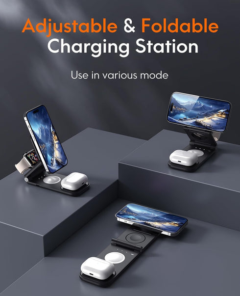 3-in-1 Wireless Charging Station for iPhone 15/14/13/Plus/Pro/Pro Max/12 & AirPods 3/2/Pro & Apple Watch & Mag-Safe Case, 18W Foldable Fast Magnet...