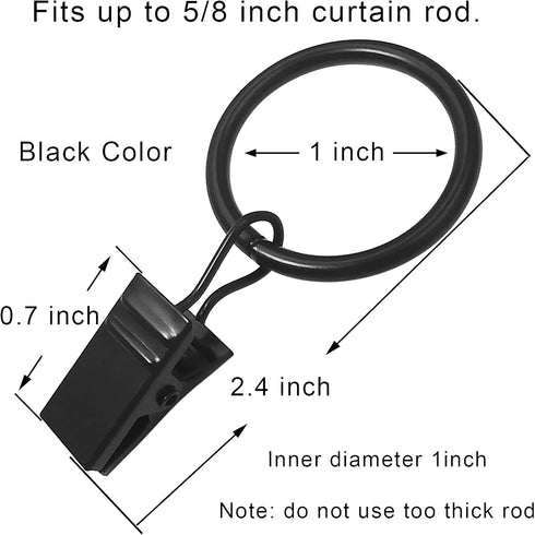 44 Pack Metal Curtain Rings with Clips, Drapery Clips with Rings, Drapes Rings 1 in I D, Fits Diameter 6/8 in Curtain Rod, Black...