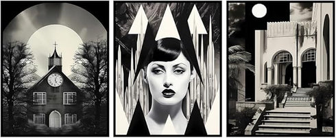 Posterizer 3 pcs-Black and White Gothic Woman, Church Collage-Abstract & Modern Art-Retro Art-Gift for Steampunk or Goth Fans-Living Room Bedroom ...