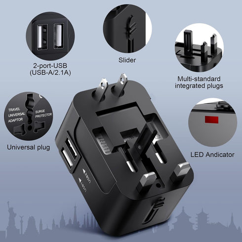 Universal Worldwide Travel Adapter,International Travel Plug Adapter with 2 USB Port and AC Socket,All in One Travel Adapter Power Adapter for US ...