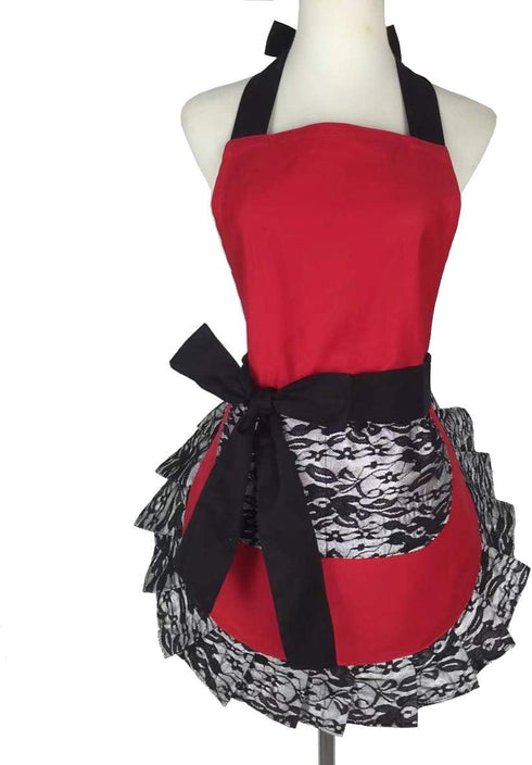 Hyzrz Cute Lace Flirty Apron with Pocket, Fun Retro Sexy Cooking Pinup Aprons for Women Girls (Red)...