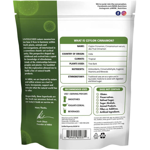 MRM Nutrition Organic Ceylon Cinnamon Powder | Superfoods | True cinnamon | Antioxidants | Heart health | Vegan + Gluten-free | 113 servings...