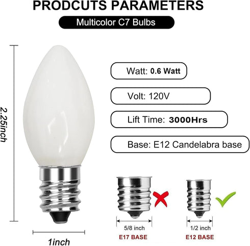 25 Pack C7 White LED Replacement Bulbs, 0.6 Watt White Ceramic Indoor Night Light Bulbs, E12 Base C7 Christmas String Light LED Bulbs for Wedding,...