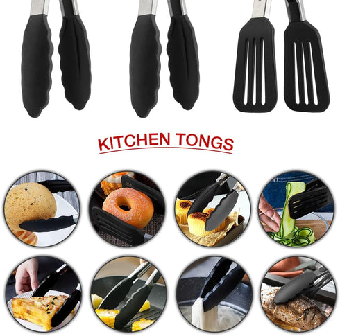 9 Inch Small Kitchen Tongs Set of 3, Silicone Cooking Tongs with Silicone Tips and Stainless Steel Handle, Silicone Tongs for Cooking, Serving...