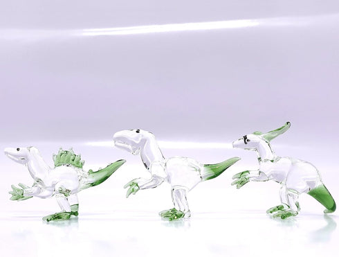 Set 3 Dinosaurs Miniature Figurines Hand Blown Color Glass Art Animals Collectible Gift Home Decor, Clear Green...