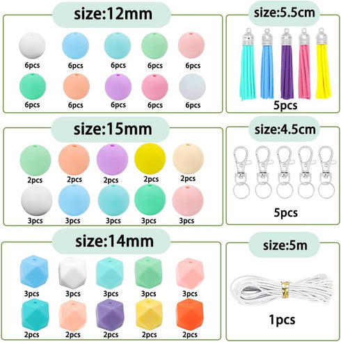 121 PCS Silicone Beads for Keychain Making Kit,12mm 15mm Round 14mm Polygonal Rubber Beads Candy Color Bulk Silicone Loose Beads for DIY Necklace ...