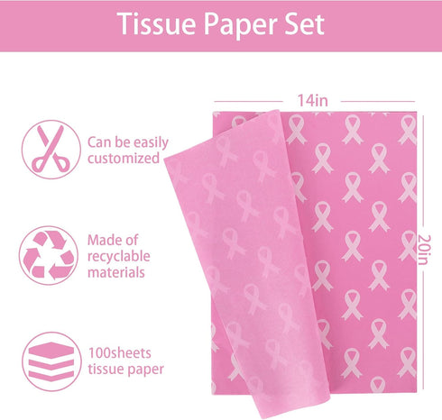 Whaline 100Pcs Pink Ribbon Tissue Paper Breast Cancer Awareness Wrapping Paper Pink Packaging Paper DIY Art Craft Paper for Charity Home Birthday ...