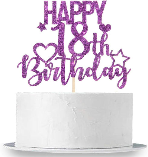INNORU Purple Glitter Happy 18th Birthday Cake Topper for Cheers to 18 Years - Eighteen AF Birthday Party Cake Decorations...