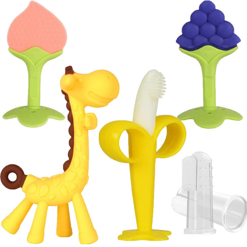 Baby Teething Toys 3-6 Months, Silicone Baby Teether Freezer BPA Free, Babies Teething Relief Sore Gums, Banana Finger Toothbrush, Fruit Shape Gir...