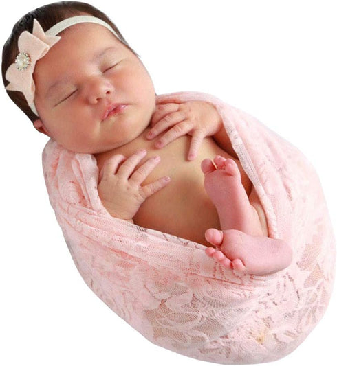 Newborn Baby Lace Wrap Blanket and 2 pcs Beads Headband.Baby Photography Props (T1) (Pink)...