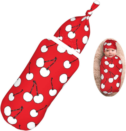 White Abstract Cherry Berries Newborn Swaddle Blanket with Beanie Set Soft Baby Sleep Sack Stretch Adjustable Swaddle Wraps Receiving Blankets for...