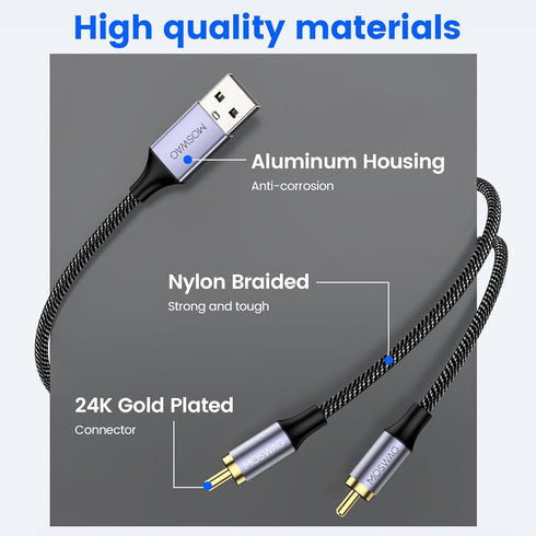 MOSWAG USB to RCA Cable, USB to Dual RCA Stereo Y Splitter Cord Jack Adapter, Nylon Braided USB to RCA Stereo Audio Converter Compatible with Lapt...