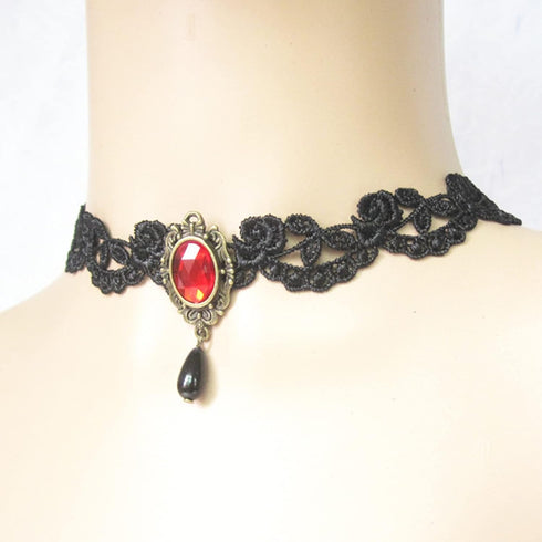 Gothic Black Choker Lace Necklace Royal Court Vampire Choker Necklace with Red Rhinestone and Black Teardrop Pendant Halloween Costume Jewelry for...
