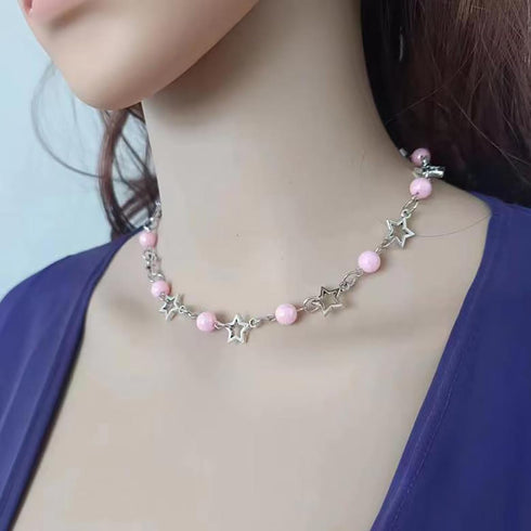 Pearl Necklace for Women Silver Star Choker Necklace Dainty Hollow Star Necklace Handmade Adjustable White Pearl Necklace Y2K Jewelry Gifts for Wo...
