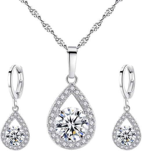 Harlorki 925 Silver Plated Cubic Zirconia Shiny Teardrop Rhinestone Pendent Necklace Dangle Earrings Jewelry Set for Women Lady...