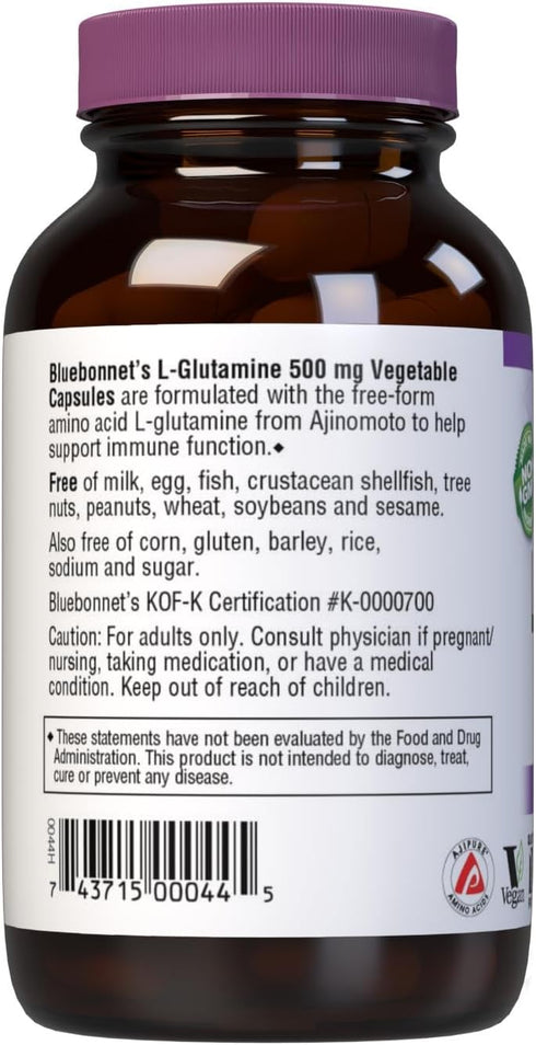 Bluebonnet Nutrition L-Glutamine 500mg, Supports Immune Function, Nitrogen Transporter, Soy & Gluten-Free, Non-GMO, Kosher Certified, Vegan, 50 Ve...