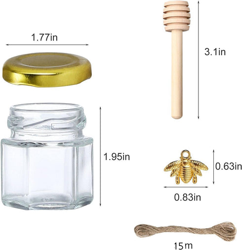 1.5 oz Hexagon Mini Glass Honey Jars -30Pack Honey Jars with Wood Dipper, Gold Lid, Bee Pendants, Jutes - Perfect for Baby Shower, Wedding Favors,...
