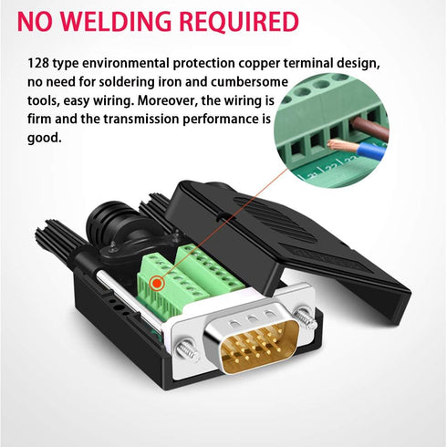 2PCS Male VGA Solderless Quick Connector 16mm Thinner 3+9 DB15 3Row Serial Plug to 15-pin Port Terminal Male Adapter Breakout Board Compatible wit...