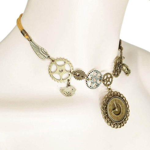 Steampunk Gears Pendant Statement Necklace Vintage Bronze & Silver Watch Clock Clockwork Hand Gear Cog Handmade Kinetic Winged Gear Necklace and E...