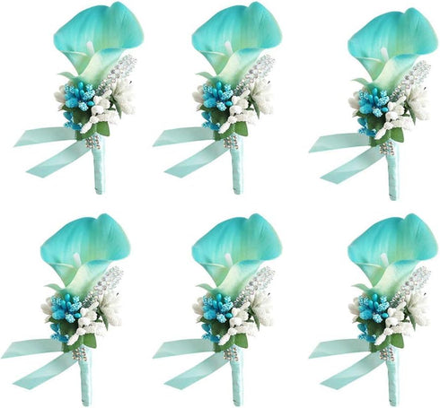 Calla Lily Boutonniere for Men Wedding Groom Best Man Boutonniere with Pin Set of 6 for Wedding Party Prom Event Ceremony Anniversary(Turquoise)...