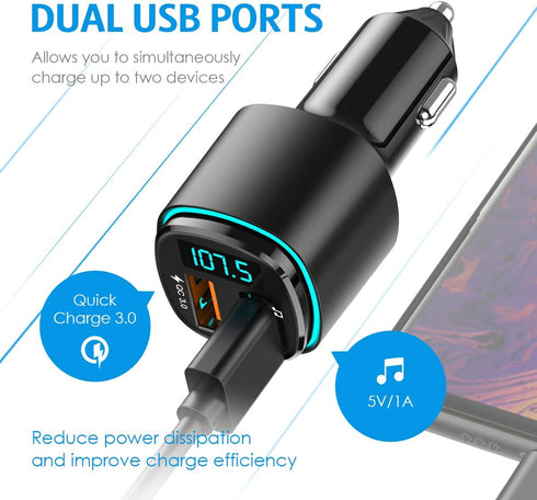 Upgraded Criacr V5.0 Bluetooth FM Transmitter for Car, QC3.0 Charge & 7 RGB Color LED Backlit Wireless FM Radio Car Adapter, Support Siri Google A...