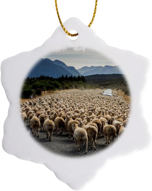 3D Rose A Herd of Sheep Block The Road-Milford Sound-New Zealand Snowflake Ornament, 3"...