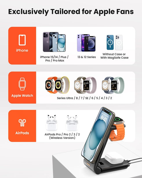 Wireless Charger for Magsafe iPhone Stand: GEEKERA Foldable Magnetic 3 in 1 Charging Station Dock for Apple Watch Ultra/SE/9/8/7/6/5/4/3/2, iPhone...
