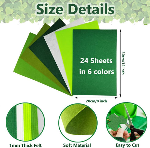 24 Pcs Felt Fabric Sheets, 8 Inch X 12 Inch St. Patrick's Day Green Craft Felt 1mm Thick A4 Stiff Felt Sheets for DIY Supplies(Green Series)...