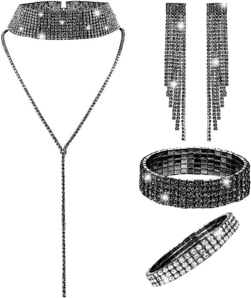 4Pcs Women Glitter Bling Rhinestone Crystal Jewelry Set Tassel Choker Necklace Stretch Bangle Bracelet Ankle Anklet Crystal Fringe Dangle Earrings...