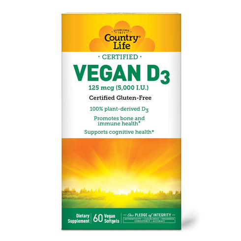 Country Life Vegan D3 5000 IU – Plant-Derived Vitamin D3 from Lichen – High Potency Immune & Bone Support – Certified Vegan, Gluten-Free, Non-GMO ...
