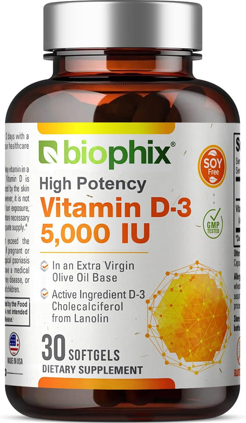 biophix Vitamin D-3 5000 IU 30 Softgels - High-Potency in Extra Virgin Olive Oil, Non-GMO, Soy-Free, Supports Bone, Immune Health and K2...