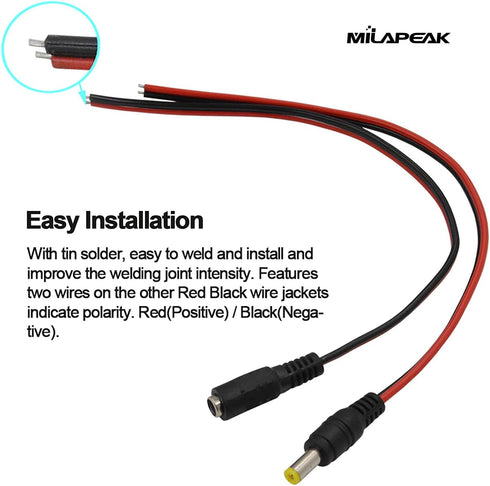 MILAPEAK (Real 18AWG 43x2pcs Strands) 10 Pairs DC Power Pigtail Cable 12V 5A Male & Female + 10 Pairs DC Power Jack Plug Adapter Barrel Connector ...