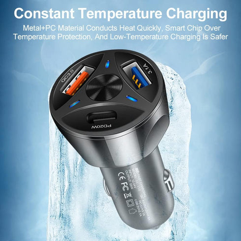 Portable USB Car Charger 3-Port Fast Charge,PD20W/3.1A/QC3.0 Car Charger Adapter USB Charger Compatible for iPhone 14 Pro MAX/13 MacBook Pro iPad ...