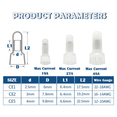 100PCS Closed End Crimp Terminal 22-16AWG Nylon Electrical Caps for Wires Crimp Connectors CE1...