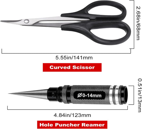 Hobbypark 0-14mm Hole Puncher Reamer w/Sleeve and Curved Scissors Set Universal Tool for RC Car Body Shell Lexan Plastic (with Black Reamer)...