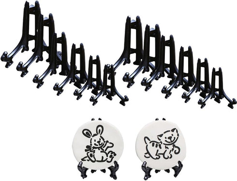 SK 3" High Black Plastic Display Stands Plate Holders to Display Pictures, Cookie, Placecards, Pack of 12 Easels (Black)...