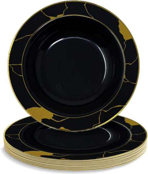 DecorLine Sophisticated Marble Collection Black & Gold Soup Bowls Set - 12" (Pack of 10) - Durable & Stunning - Perfect for Party Hosting & Memora...