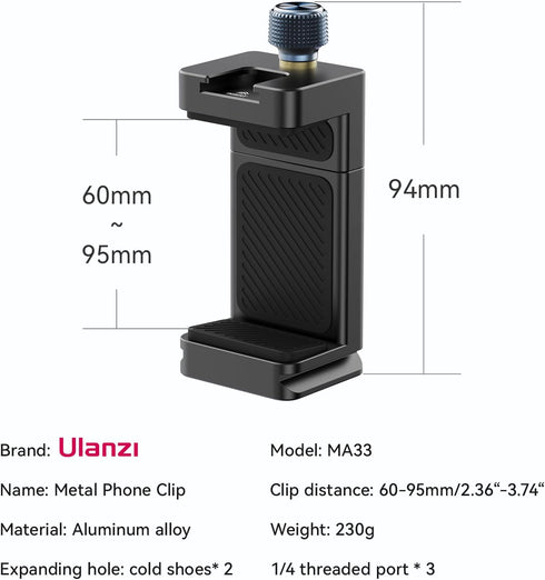 ULANZI MA33 Metal Phone Tripod Mount Arca Port w 2 Cold Shoes, Adjustable Smartphone Tripod Adapter Clamp Cell Phone Stand Holder Fit for iPhone 1...