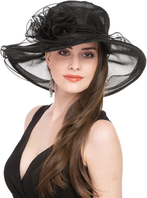 Lucky Leaf Women Kentucky Derby Church Cap Wide Brim Summer Sun Hat for Party Wedding (New Black)...