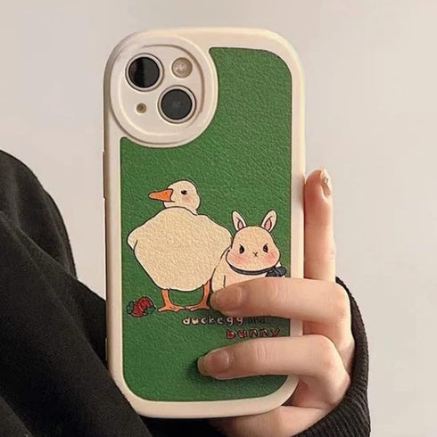 Casechics Compatible with iPhone Case,Cute Kawaii Bunny Duck PU Leather Bumper Camera Lens Protection Soft Shockproof Cover Phone Case (Green,iPho...