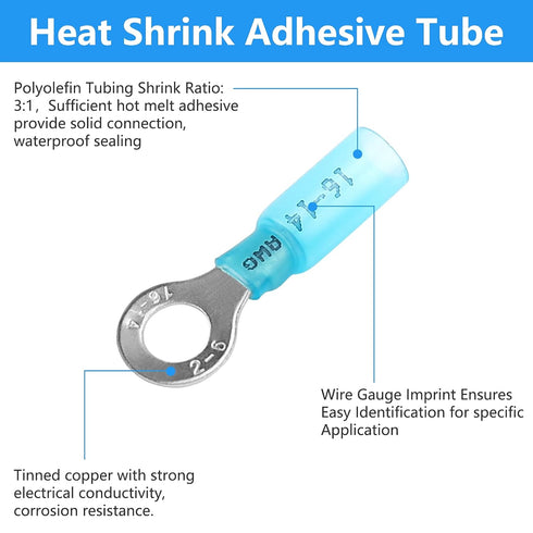 160 PCS Heat Shrink Ring Terminals (16-14 AWG), Insulated Blue Ring Terminals, 1/4'' Eyelet Wire Connectors, Insulated Electrical Connectors, Mari...