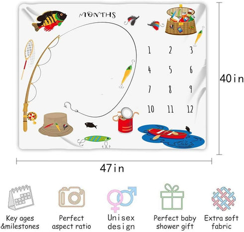 Baby Monthly Milestone Blanket Go Fishing Baby Blanket, 48x40in, Newborn Memory Blanket BTZDME3...