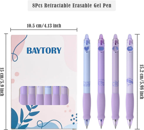 BAYTORY 8Pcs Cute Retractable Erasable Gel Pens, Blue and Black Ink Pen with Eraser Clear, Smooth Writing Comfortable to Use for Note Taking Marki...