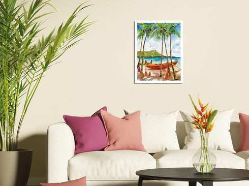 A Peaceful Voyage - Hawaiian Canoe (Wa‘a) - Diamond Head Crater - From an Original Watercolor Painting by Peggy Chun - Master Art Print (Unframed)...