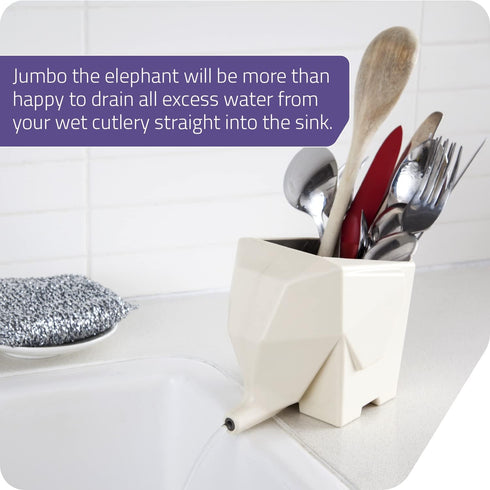 PELEG DESIGN Cutlery Holder Jumbo Cute Drainer and Funny Plastic Elephant Sink Cutlery Organizer Drainer Storage Box and Toothbrush Holder (Cream)...